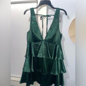 Lulus Emrald green satin skater dress with 3 tiers